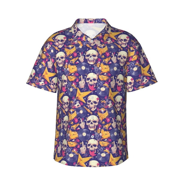 Balery rock Skull record Camisas hawaianas de manga corta para hombre, camisas playeras de corte holgado, camisas de vacaciones con botones,XX-Large