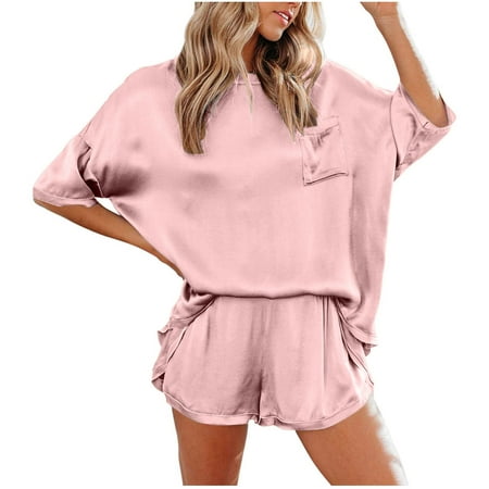 

Pajamas Set for Women Short Sleeve Crewneck Satin Pajama Sets Comfy Soft Sleepwear Top and Causal Shorts