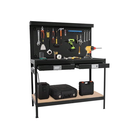 Bingirl 48 Inch Workbench Heavy Duty Metal Steel Tool Storage Work Table 2 Tier Work Table For Garage With Pegboard 2 Drawers And Shelf Multifunctional Work Bench For Workshop Home Office