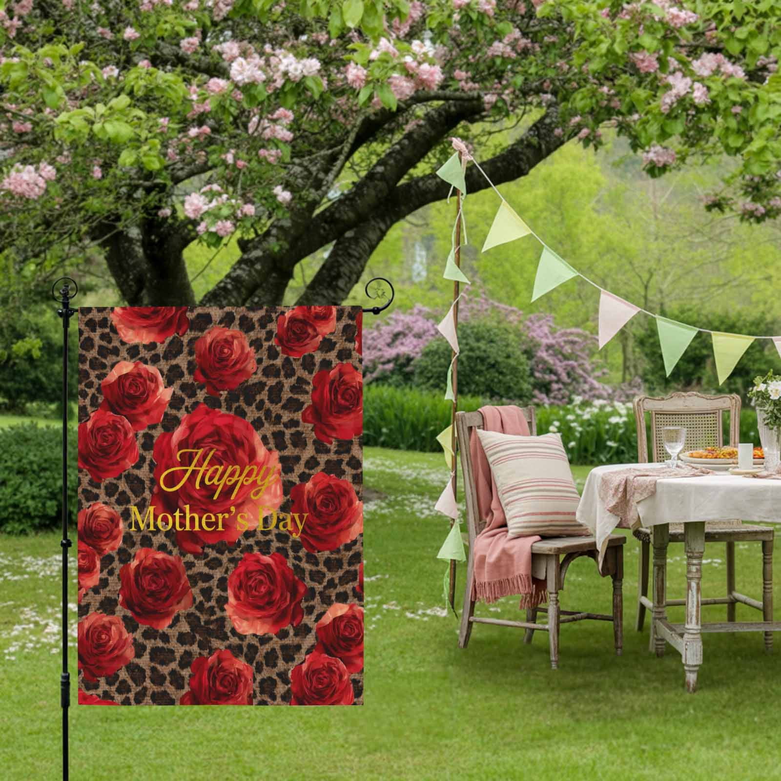 Happy Mother's Day House Flag 28 x 40 Inches, Red Roses Romantic Flower Brown Leopard Weather Proof Outdoor Patio Flags Double Sided Small House Decoration for Yard Lawn Outside Home
