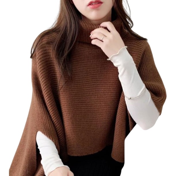 Jumpingount Capa de punto para personas mayores, suéter de cuello alto, tela cálida, chal de invierno suave y cómodo, abrigo tipo suéter de Prendas para la parte del cuerpo café