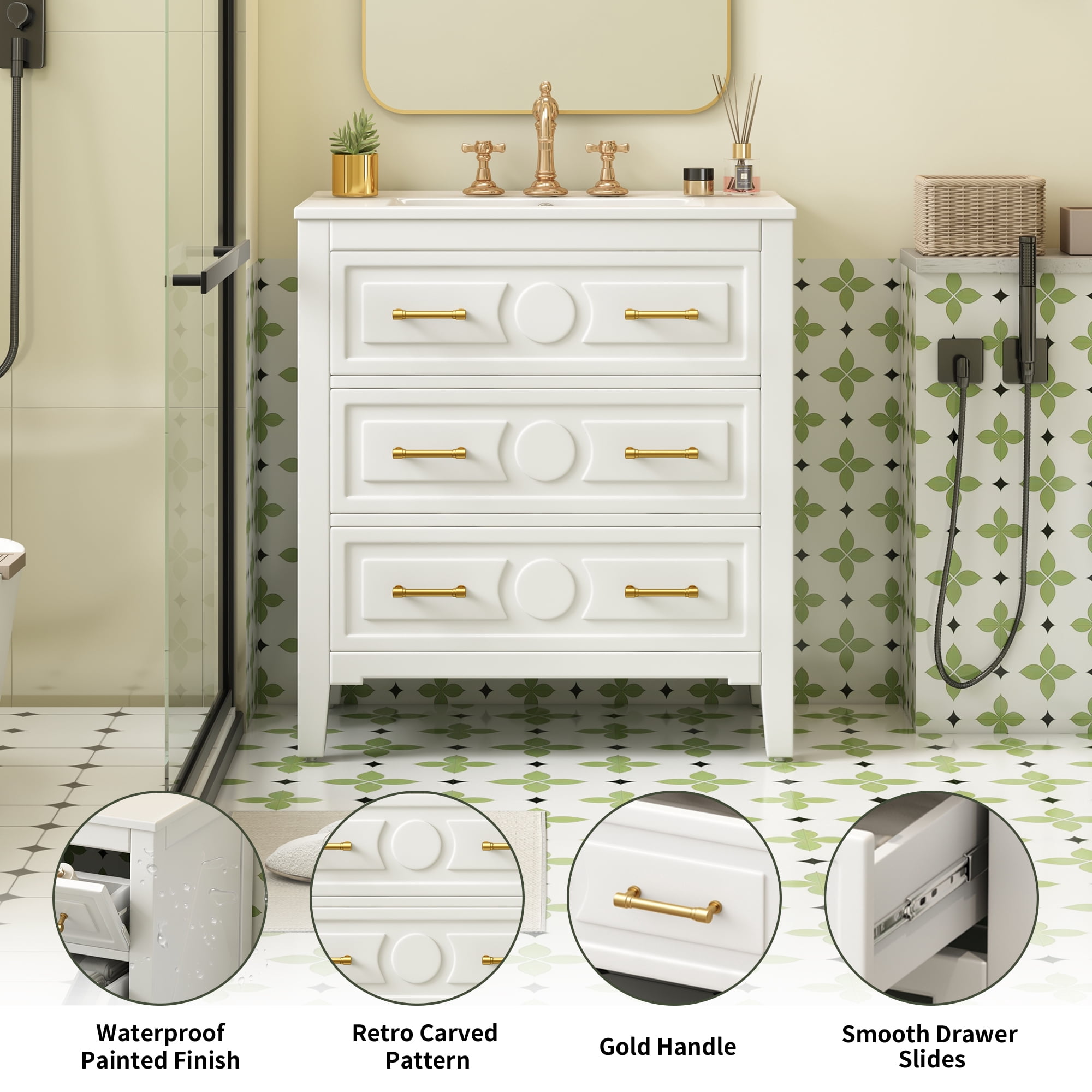 Euroco 30'' Bathroom Vanity with Ceramic Sink Combo, Free Standing Single Vanity Set with 3 Drawers, Solid Wood Frame Bathroom Storage Cabinet