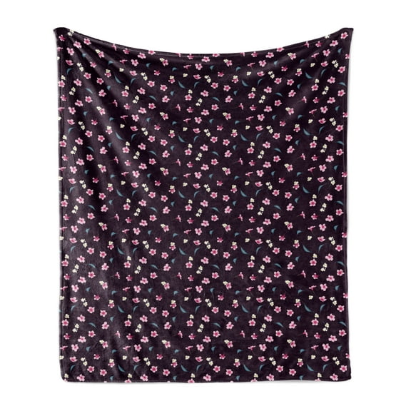 Cherry Blossom Soft Flannel Fleece Throw Blanket, Spring Night Sakura Yozakura Pattern on Nocturnal Background, Cozy Plush for Indoor and Outdoor Use, 50" x 60", Dark Purple Teal, by Ambesonne