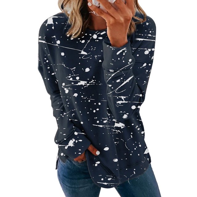Fashnice Tee-Shirt Femme Col Rond T-shirt Imprimé Graffiti T-shirt Ample Automne Chandail Bleu Marine 2TG