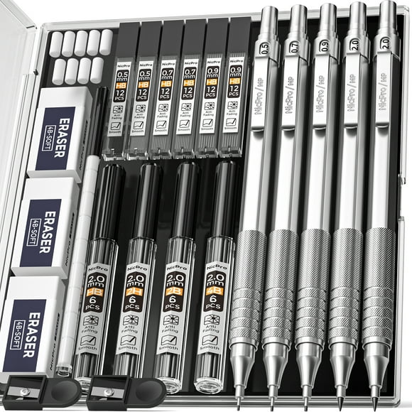 Nicpro Ensemble de Crayons Mécaniques avec Recharges de Plomb et Effaceurs, 2B HB 2H Lead, Argent, 5 Unités