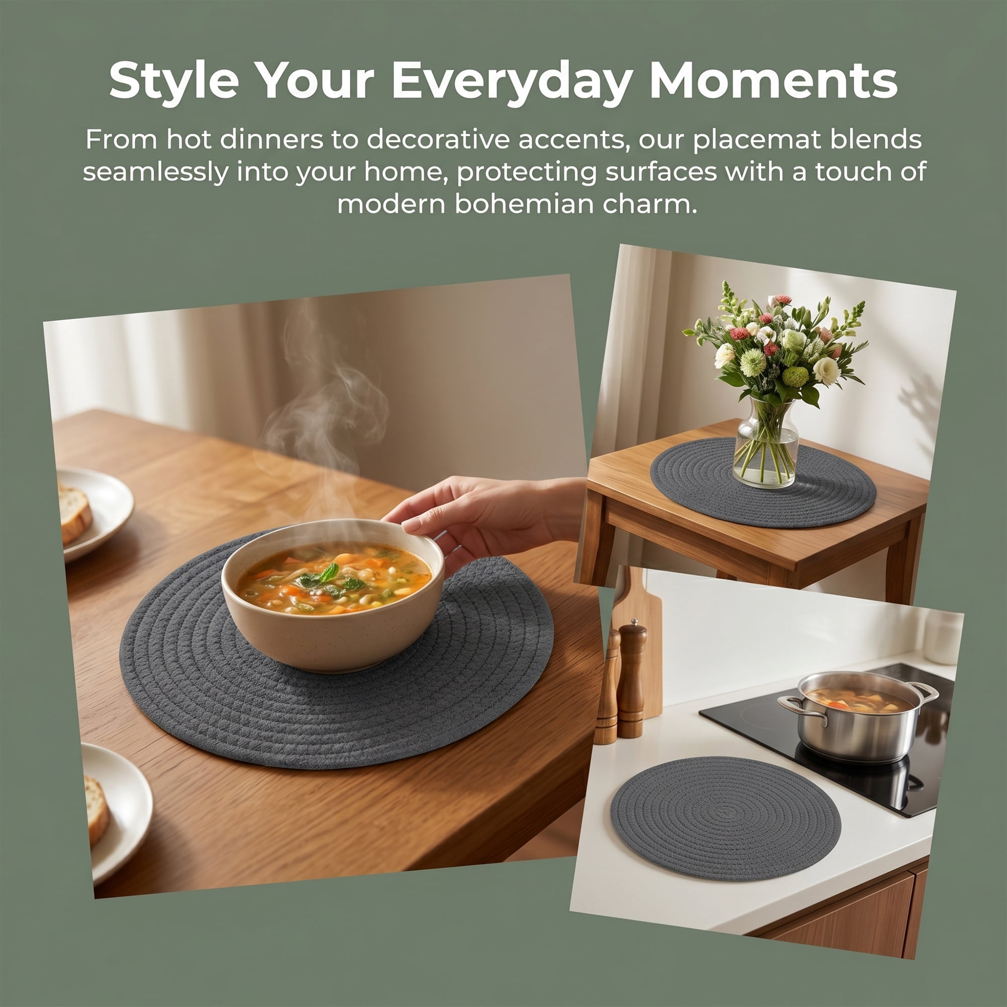 Unique Bargains Placemats Set of 4 Cotton Round Placemats for Dining Table Dark Gray