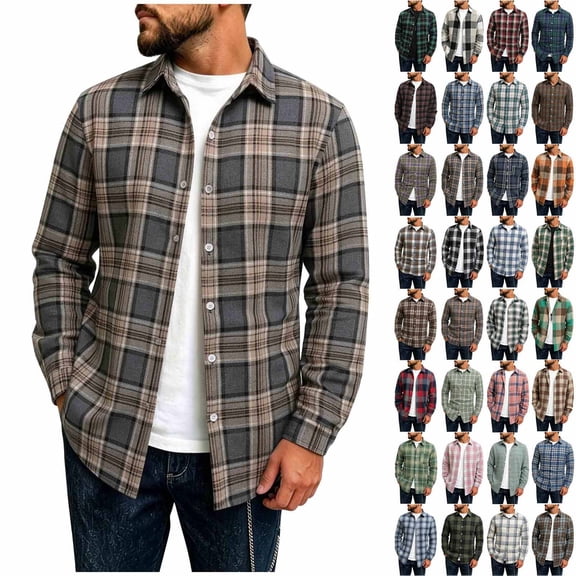 YODETEY Men's Classic Plaid Long Sleeve Button Down Flannel Shirt,Regular Fit Plaid Dress Shirts,Size S-2XL