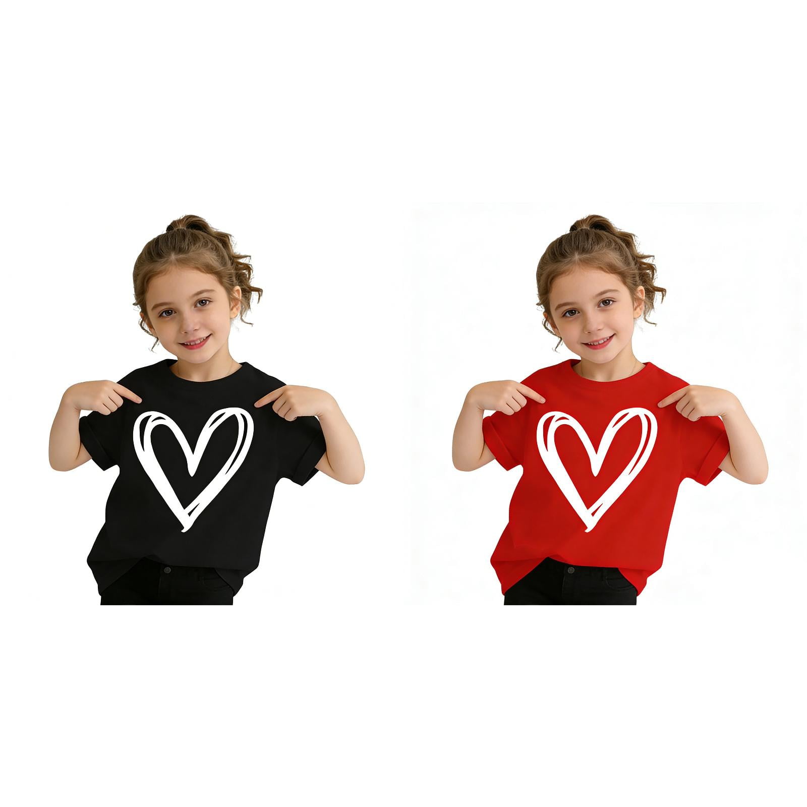 SGMVNU 2 Pack Girl s T Shirts Fashion Summer Short Sleeve Heart Print Graphic Tees Casual Loose Fit Basic Top Size 13-14 Years Black & Red
