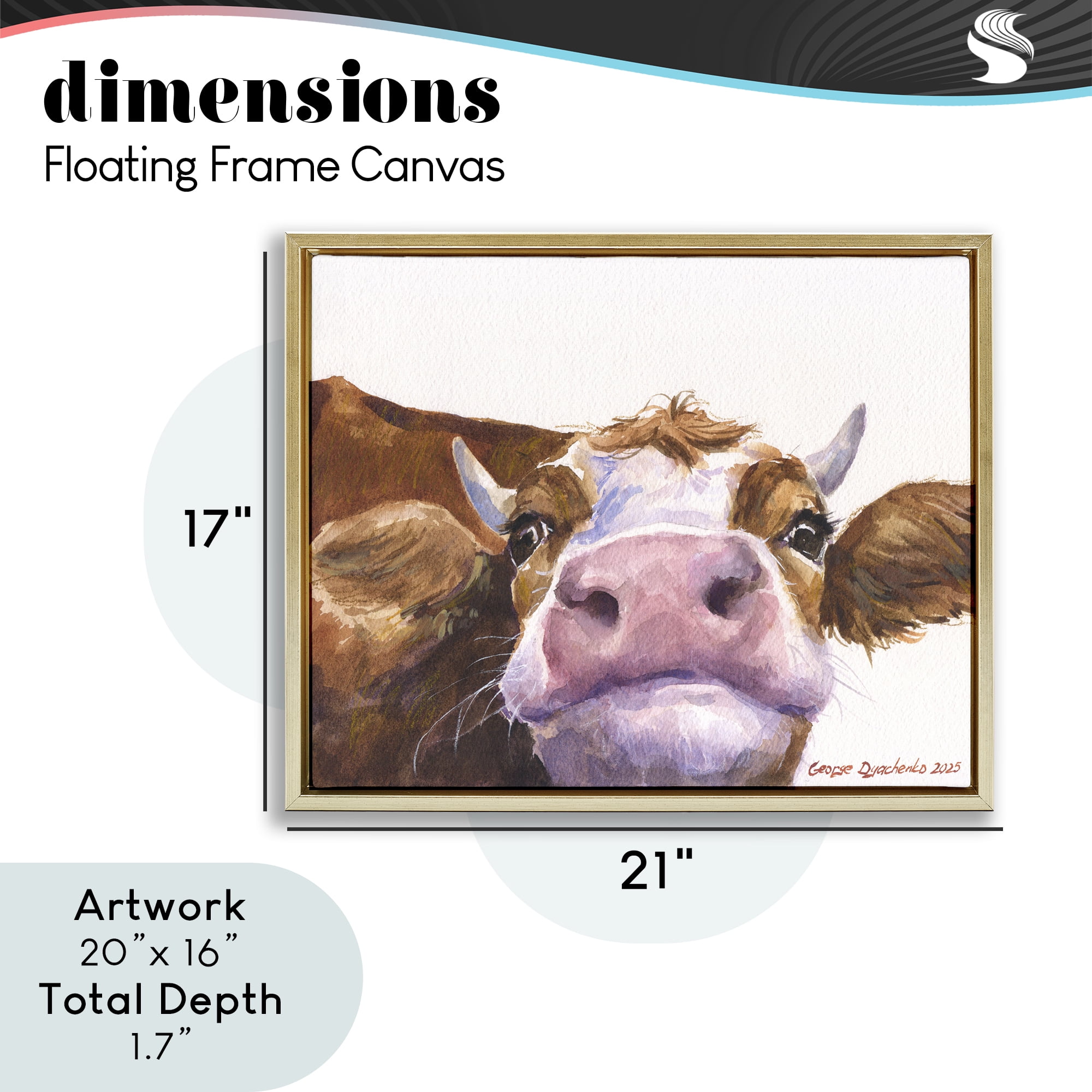 Stupell Industries Cute Cow Close Up Gold Framed Floater Canvas Wall Art, design by George Dyachenko