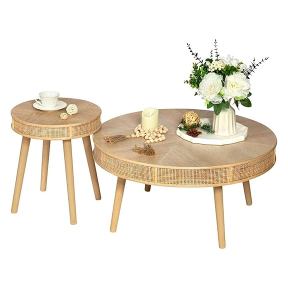 2-Piece Farmhouse Coffee Table, Modern Rustic Sofa Side Tea Tables, Solid Wood Finish with Crafted Rattan Side and End Table Sets for Living Room (Natural)