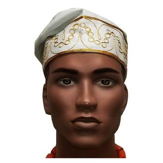 Hand Woven African Kente Kufi Hat - White & Black Pattern With Faux Leather, Made In Ghana 5 thumbnail image