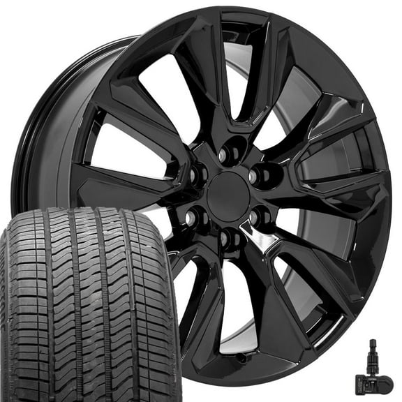 OE Wheels CV32 22 Inch Rims and Tires Fit Silverado 1500 Style 6x139.7 22x9 Gloss Black - Hollander 5916 - Alenza A/S 02 275/50-22 (Set of 4)