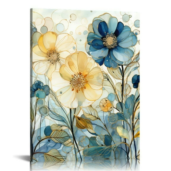 COMIO Abstract Flower Canvas Wall Art: Navy Blue Elegant Floral Artwork Vintage Vertical Gold Plant Prints Modern Blooming Botanical Painting Country Nature Picture for Bedroom Office