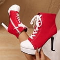 thumbnail image 5 of Heeled Ankle Boots for Women Fashion Round Toe Canvas Platform Heels Side Zipper Lace up Stilettos Furry Lined Booties Red Size 6.5, 5 of 7