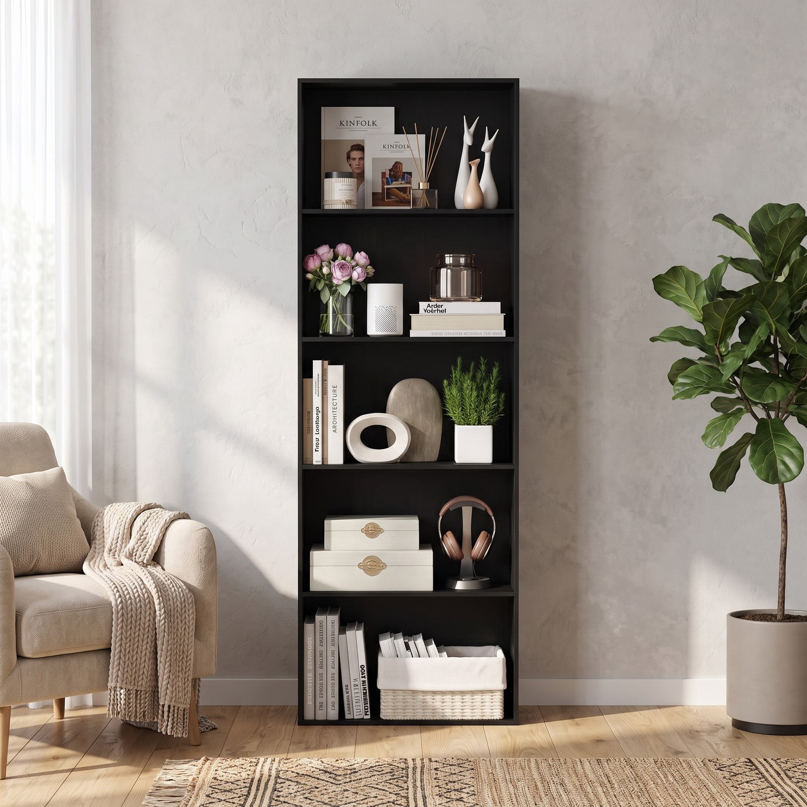 Furnibear 5-Tier Bookshelf, 67 Inch Modern Wood Storage Bookcase, Multi-Functional Display Cabinet with 2 Anti-Tipping Kits for Living Room, Bedroom, Home Office and