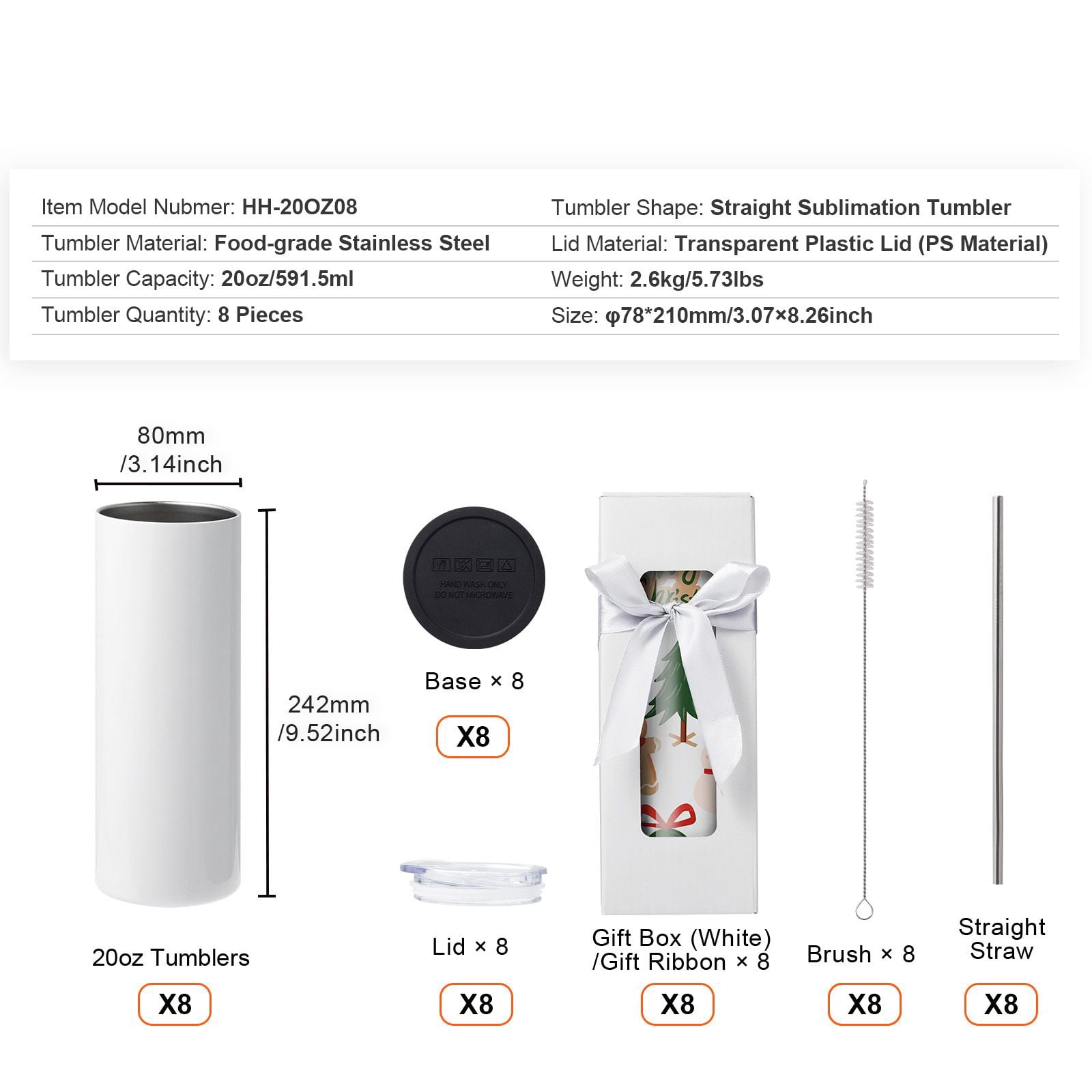 20oz Sublimation Tumbler Bulk 6-Pack, 304 Stainless Steel, White Coating, Gift Box & Ribbon, for DIY Personalized Cups Gifts