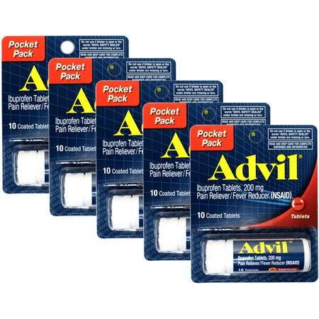 Advil Coated Tablets Pain Reliever and Fever Reducer, Ibuprofen 200mg, 10 Count Vial, Travel Size Pack of 5
