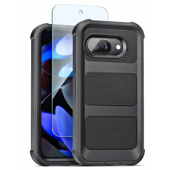 Encased Heavy Duty Case for Google Pixel 9a, (Falcon Series) Full Body Protective Phone Case with Screen Protector (Black)