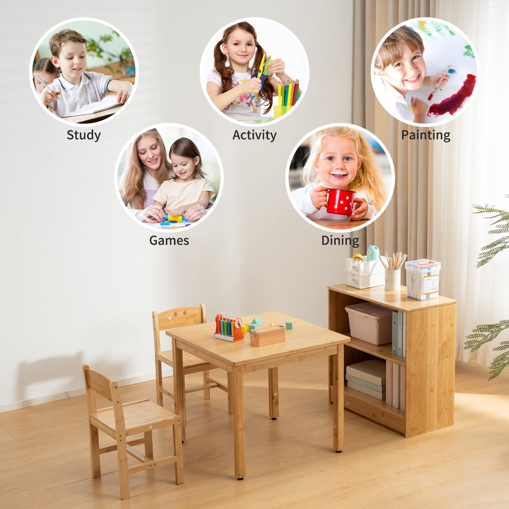 UNICOO® All-in-1 Kids Wooden Activity Table Combo Set with 1 Bookshelf & 2 Chairs – Kids Table and Chairs for Arts, Crafts, Reading & Snack – Toddler Small Desk 4-Piece Set for Playrooms & Classrooms