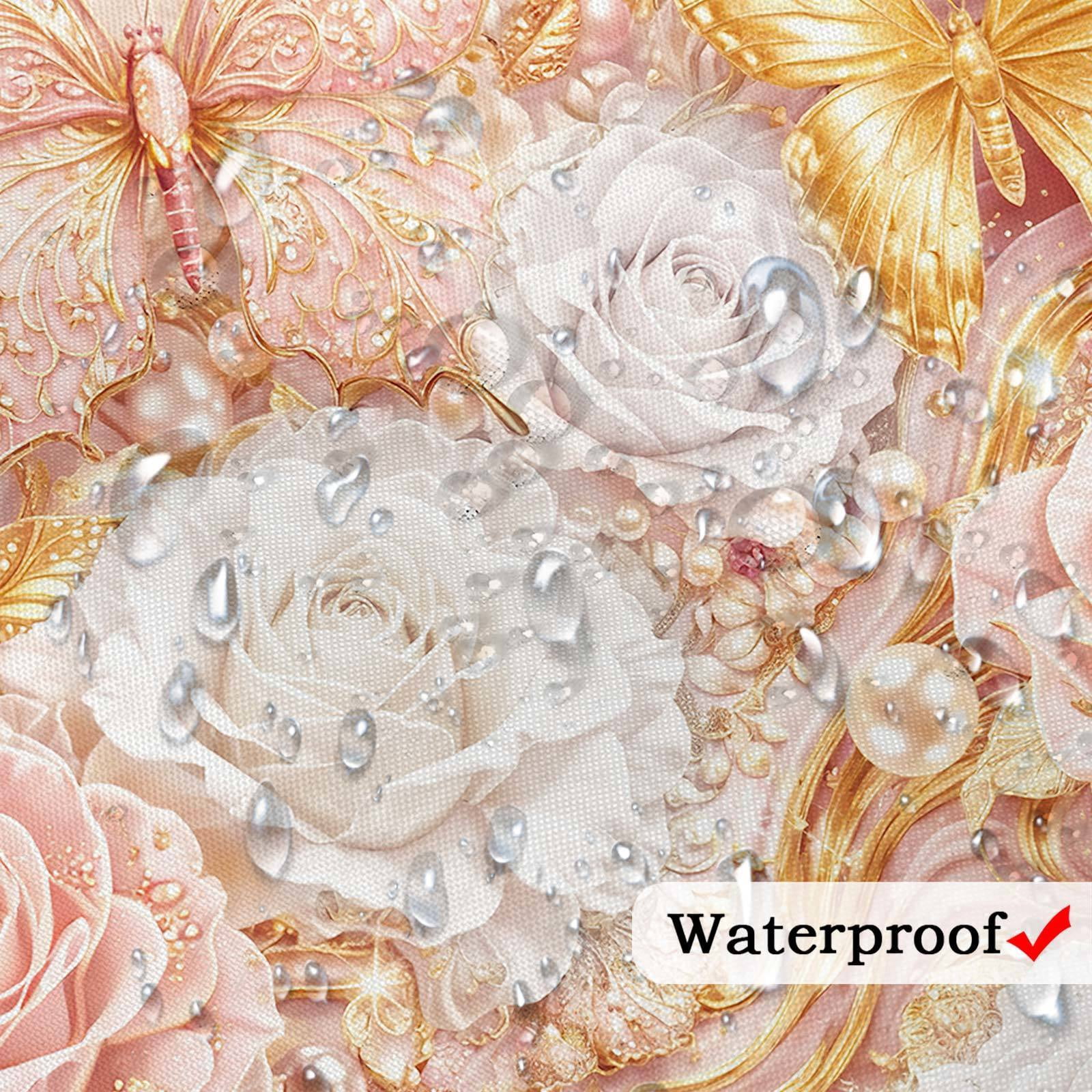 Luxury Pink and Gold Butterfly Floral Shower Curtain, Elegant Marble Rose Modern Texture Shower Curtains for Bathroom Decor, Elegant Golden Fluid Aesthetic Bath Curtain Set with Hooks, 60X70IN