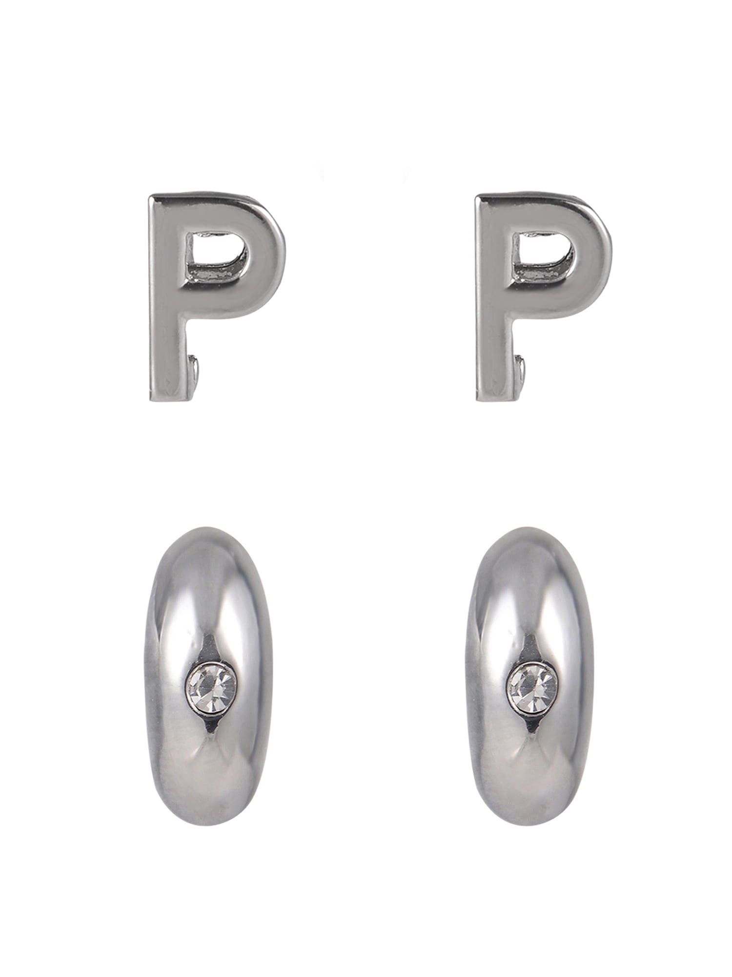 Time and Tru Silvertone 3-On Crystal Stud, Hoop, Initial "P" Earring Set