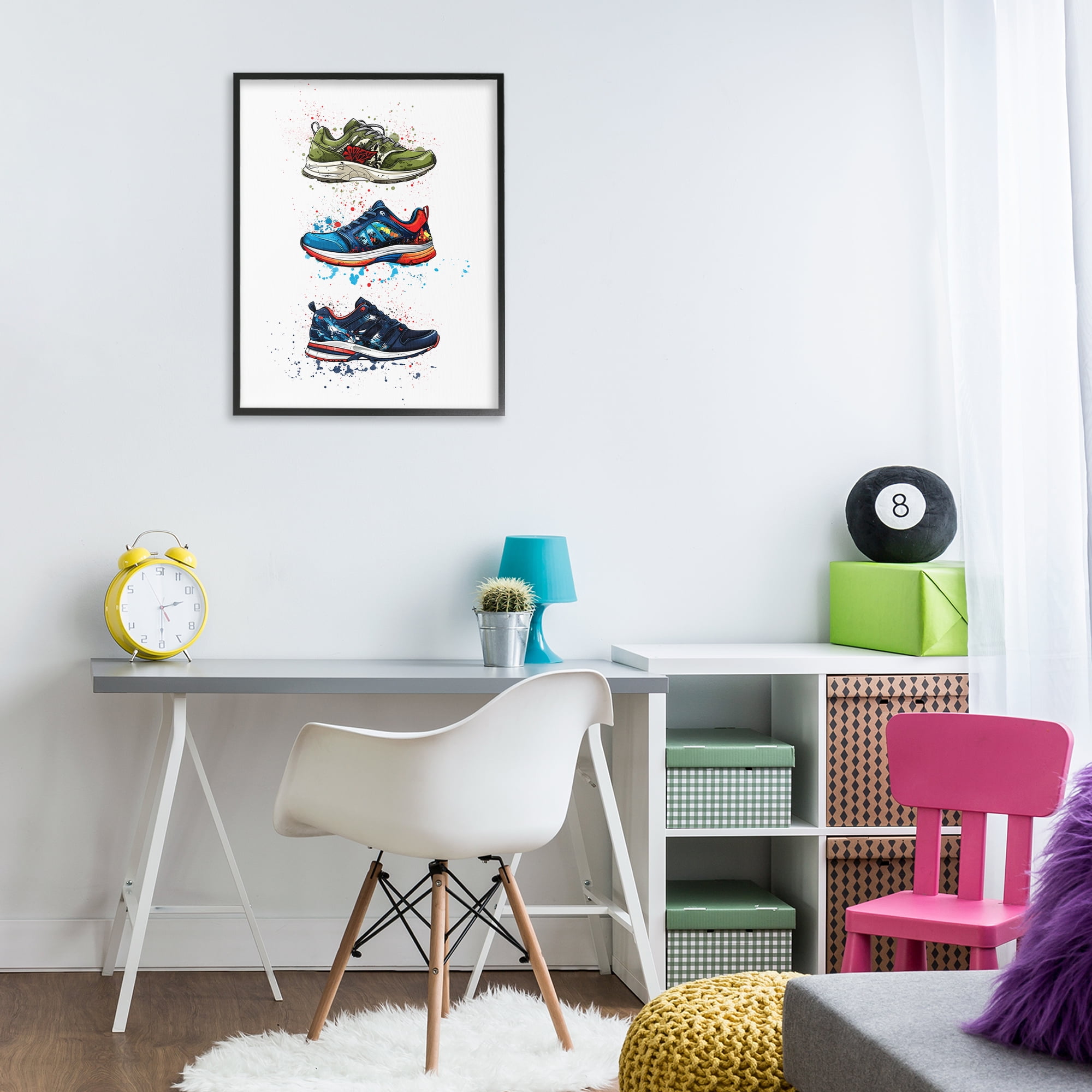 Modern Spray Sneakers Black Framed Giclee Art, design by Christine Simpson Art