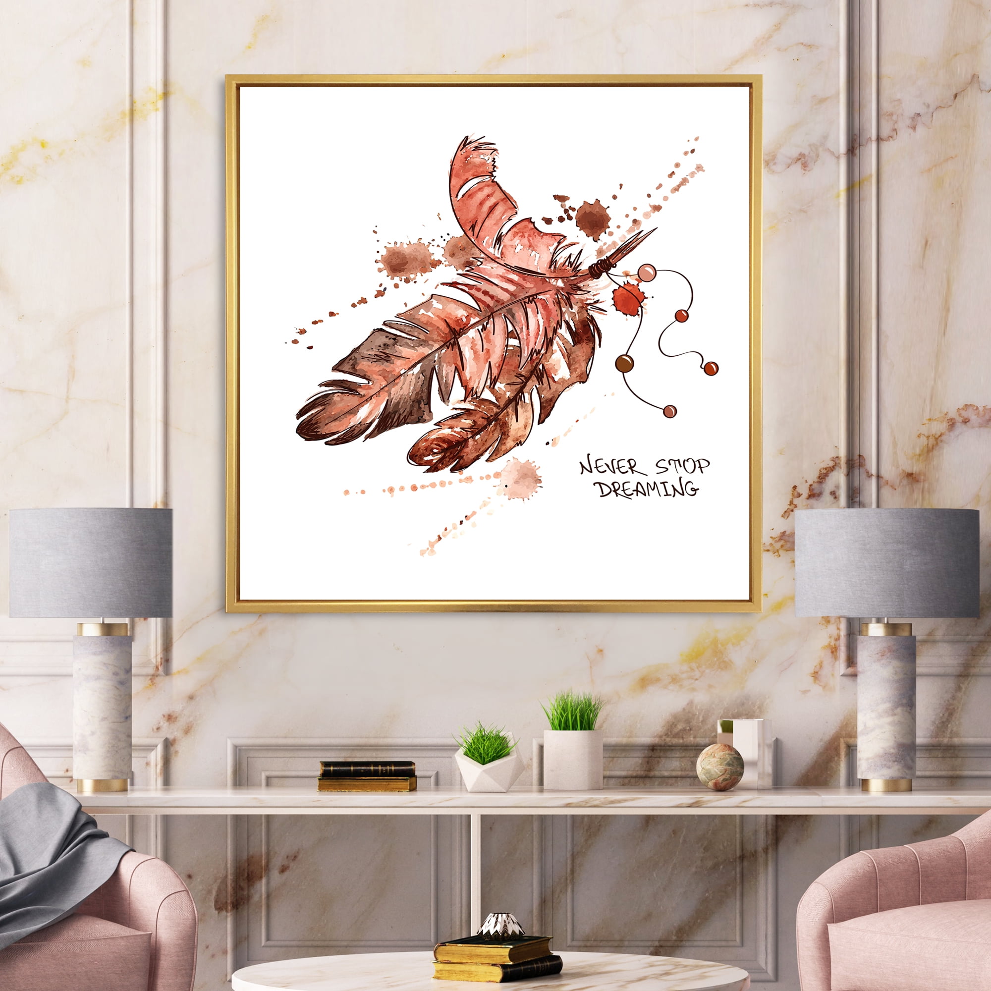Designart 'Bird Feathers In Earth Tones Never Stop Dreaming' Bohemian & Eclectic Framed Canvas Wall Art Print