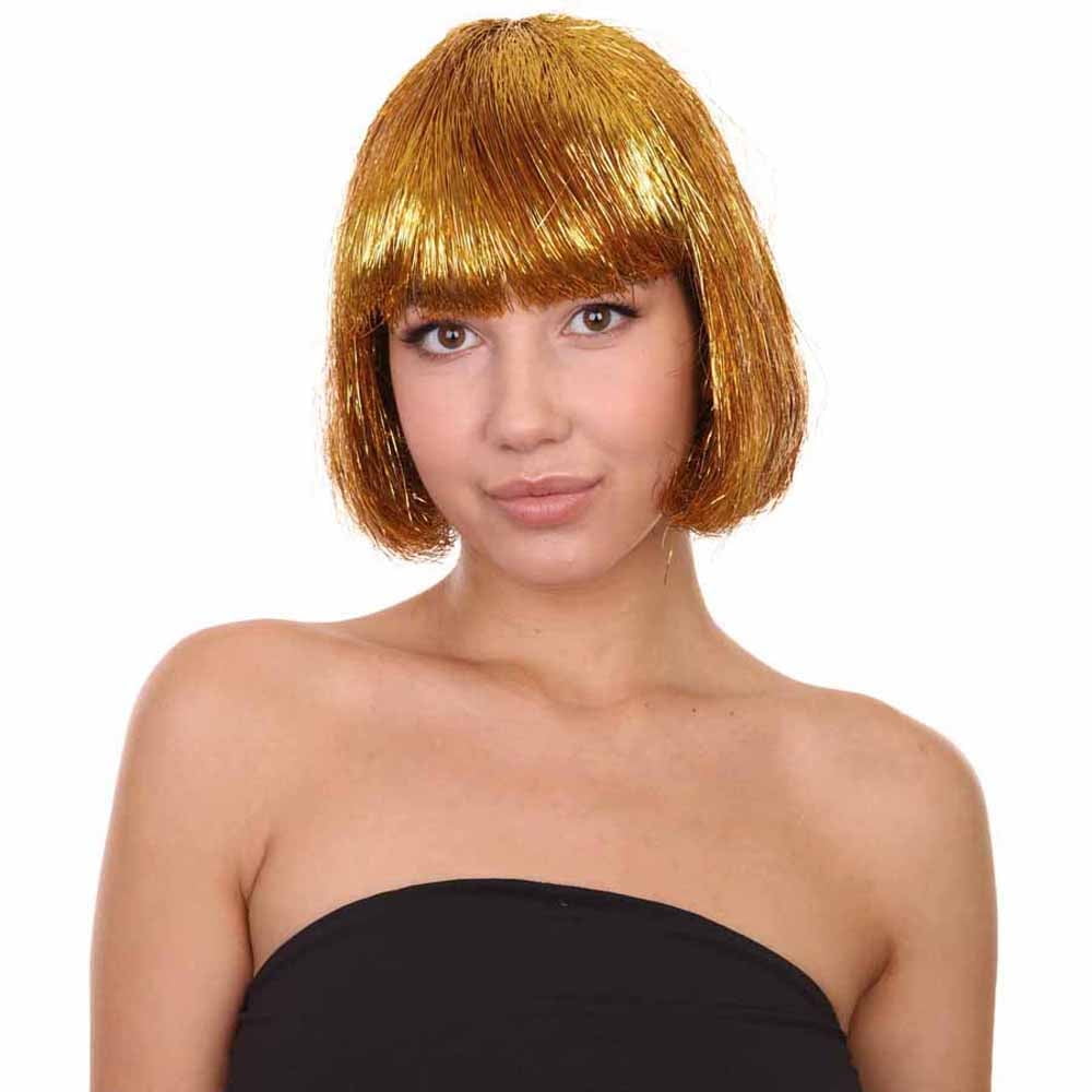 HPO Adult Women's Gold Tinsel Bob Wig | Breathable Capless Costume Hair | Festival & Party Wig
