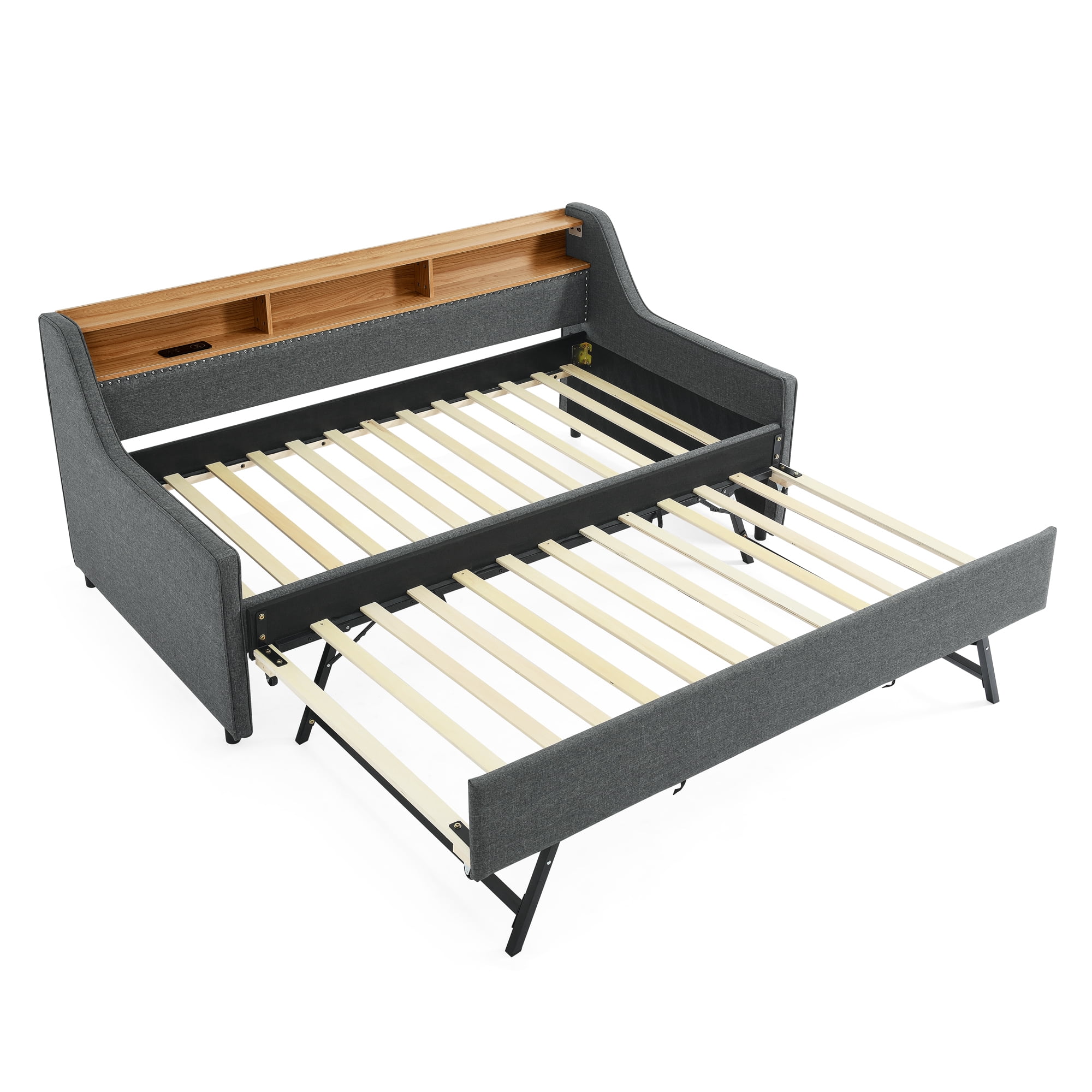 Leumius Twin Size Upholstered Daybed with Trundle,Comfy Sofa Bed with LED Lights,Wireless Charging,Storage Adjustable Headboard,Gray