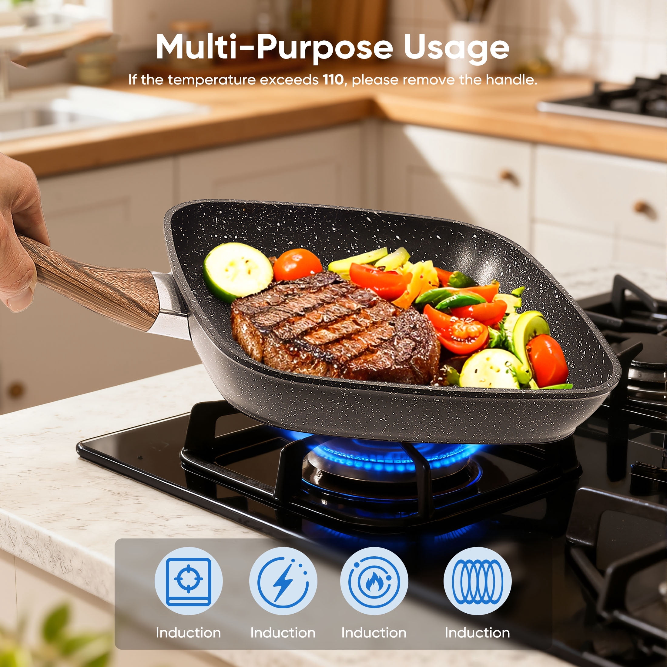 EDX 3 Piece Nonstick Grill Pans, Square Frying Pans Set with Stay Cool Handle ,for Indoor Outdoor RV Camping Cooking, Black