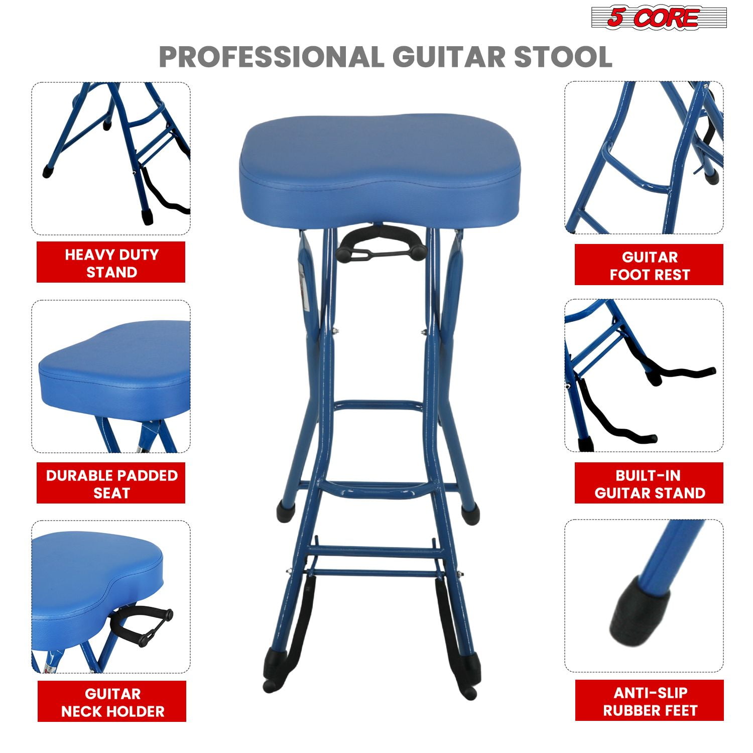 Guitar Stool with Built-in Neck Rest & Foot Rest, Foldable Padded Chair 3.15" Seat Heavy Duty 350 lb Capacity