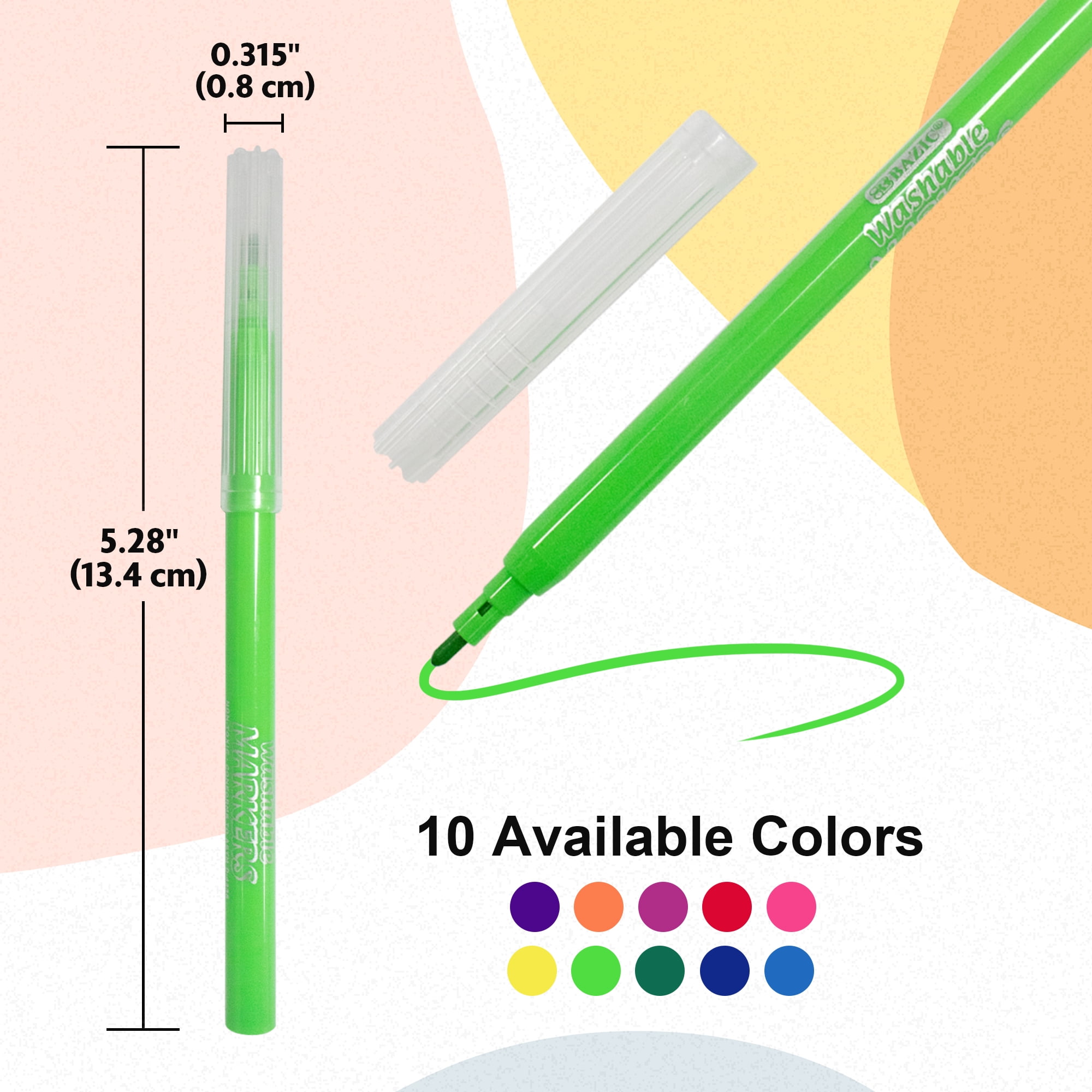 BAZIC Fine Line 10 Colors Washable Coloring Markers (10/Pack), 24-Pack