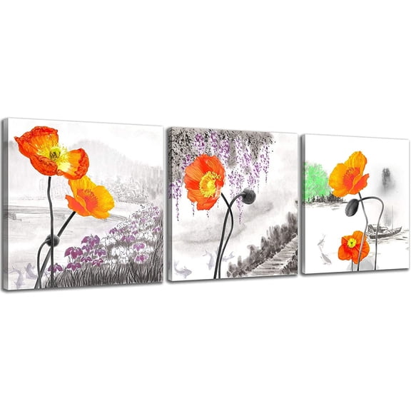 Small Size Poppy Flowers Canvas Prints 3 Panels Wood Framed Orange Poppy Print Wall Art Flowers Print Painting 16x16inches 3pcs/set