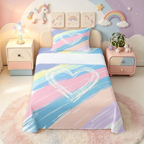 Manfei Watercolor Rainbow Twin Sheets, Oil Printing Lines Bedding, Pink Blue, 3-Piece, 1 Flat Sheet, 1 Fitted Sheet and 1 Pillowcase
