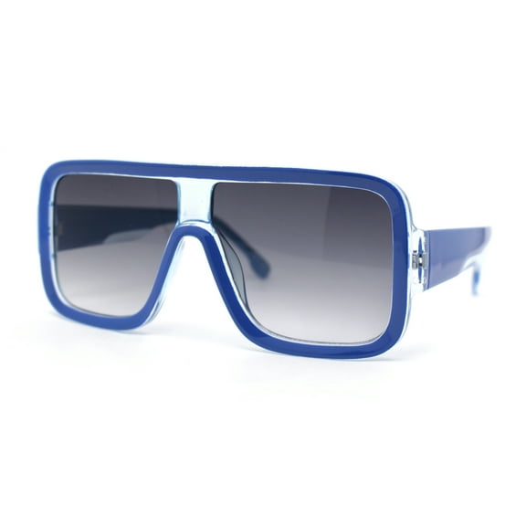 Oversized Rectangle Racer Shield 80s Plastic Fashion Flat Top Sunglasses Blue - Smoke
