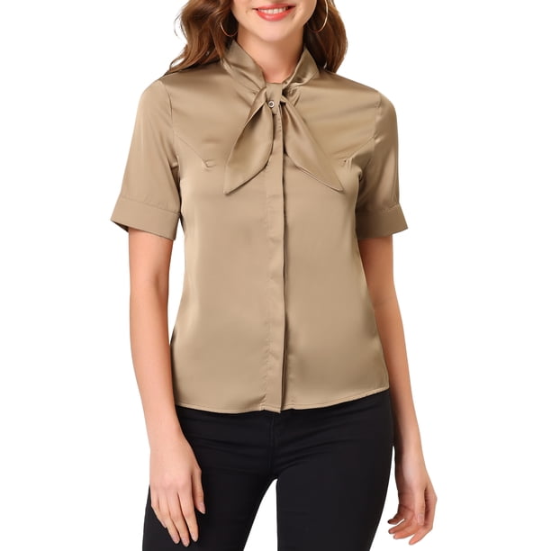 BLUSA DE SATÉN ELEGANTE CON NUDO PARA MUJERES INSPIRE CHIC, CAMISA DE OFICINA DE MANGA CORTA Y BOTONES, TALLA M, CAQUI