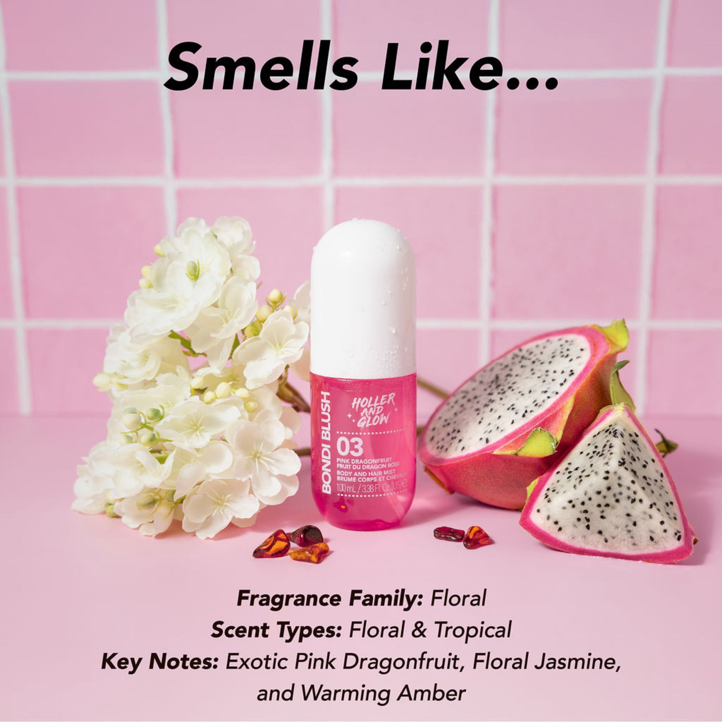 Holler and Glow Bondi Blush Pink Dragon Fruit Body & Hair Mist, 100 ml/3.38 fl oz