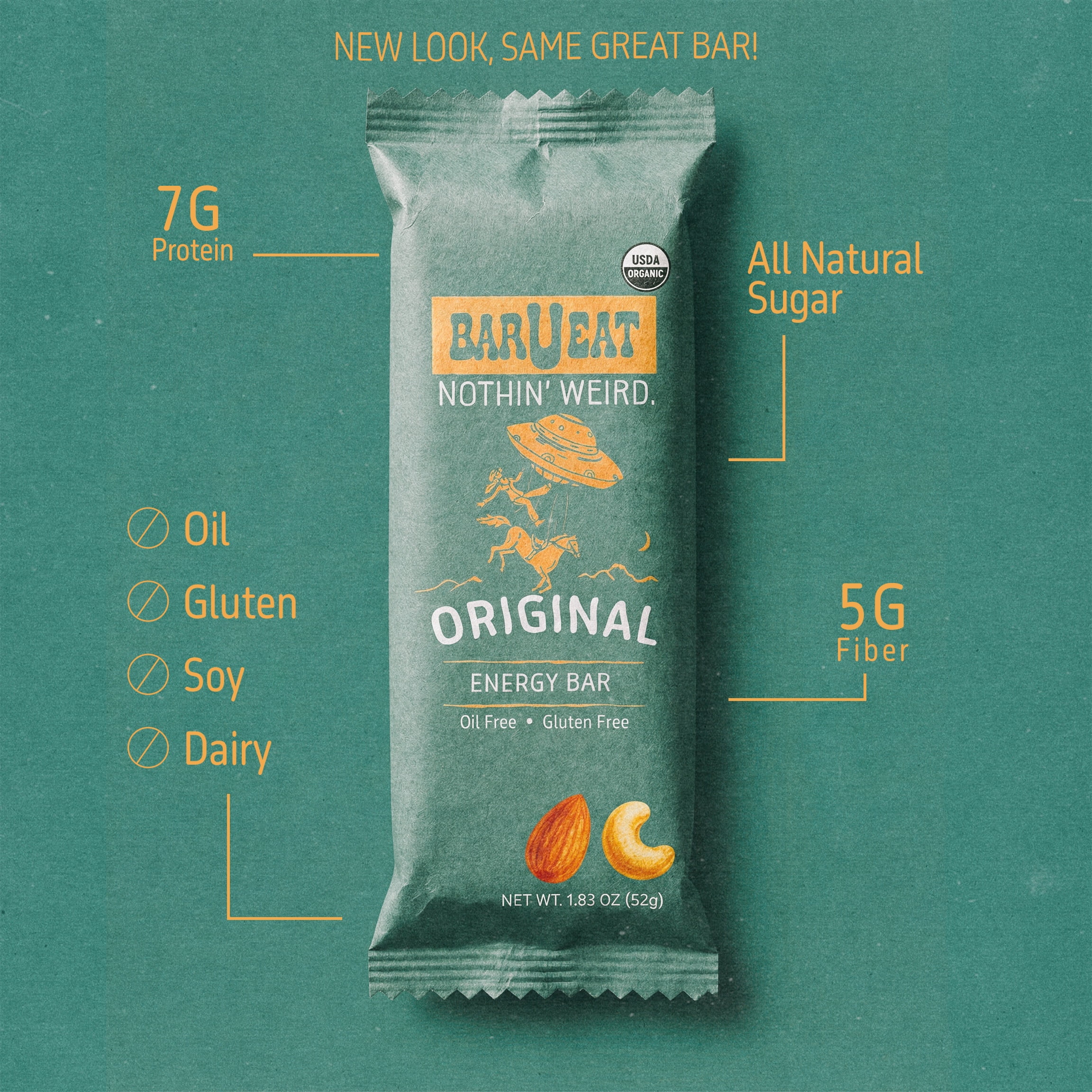 BAR-U-EAT Gluten-Free, Organic, Soft & Chewy Energy Bar. Whole Food Ingredients | Compostable Packaging | No Artificial Sugar Healthy Snack (Original 12 Pack)