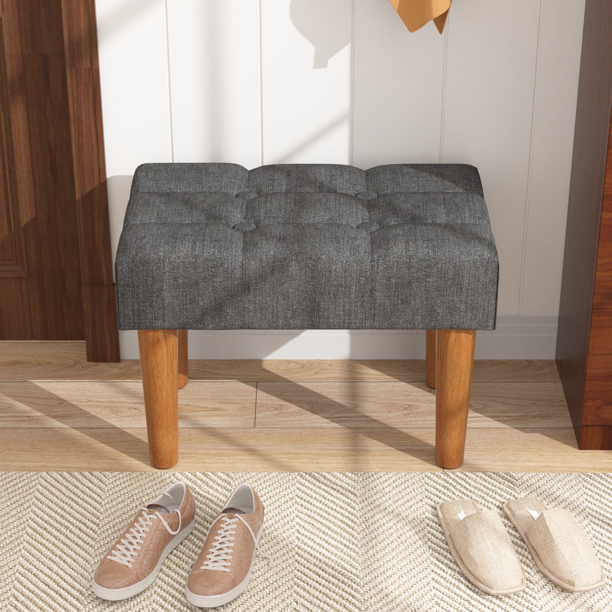 VECELO Small Tufted Foot Stool, Upholstered Footrest Ottoman with Legs, Fabric Rectangle Sofa Foot Rest for Living Room, Couch, Gray