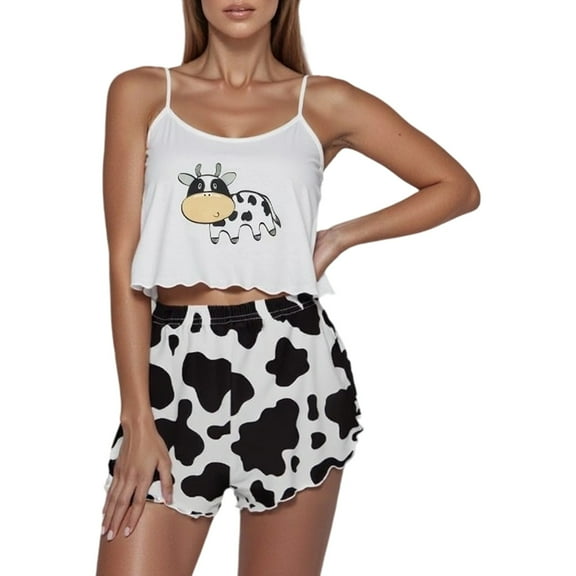 XIAONU Womens Pajama Sets Cow Printed Strappy Shorts Slim-Fit Pajama Set Pleasure Breathable Homewear Set For Ladies