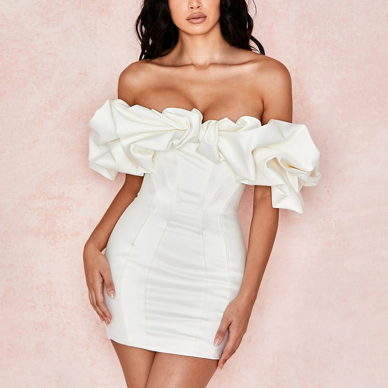 Sexy Dress for Women Flounce Puff Sleeve Off The Shoulder Bodycon