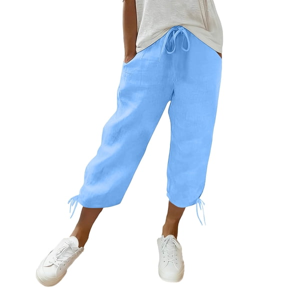 Enjoytime Capris Pants for Women Solid Color Drawstring Elastic Waist Pants Summer Casual Plus Size Trousers