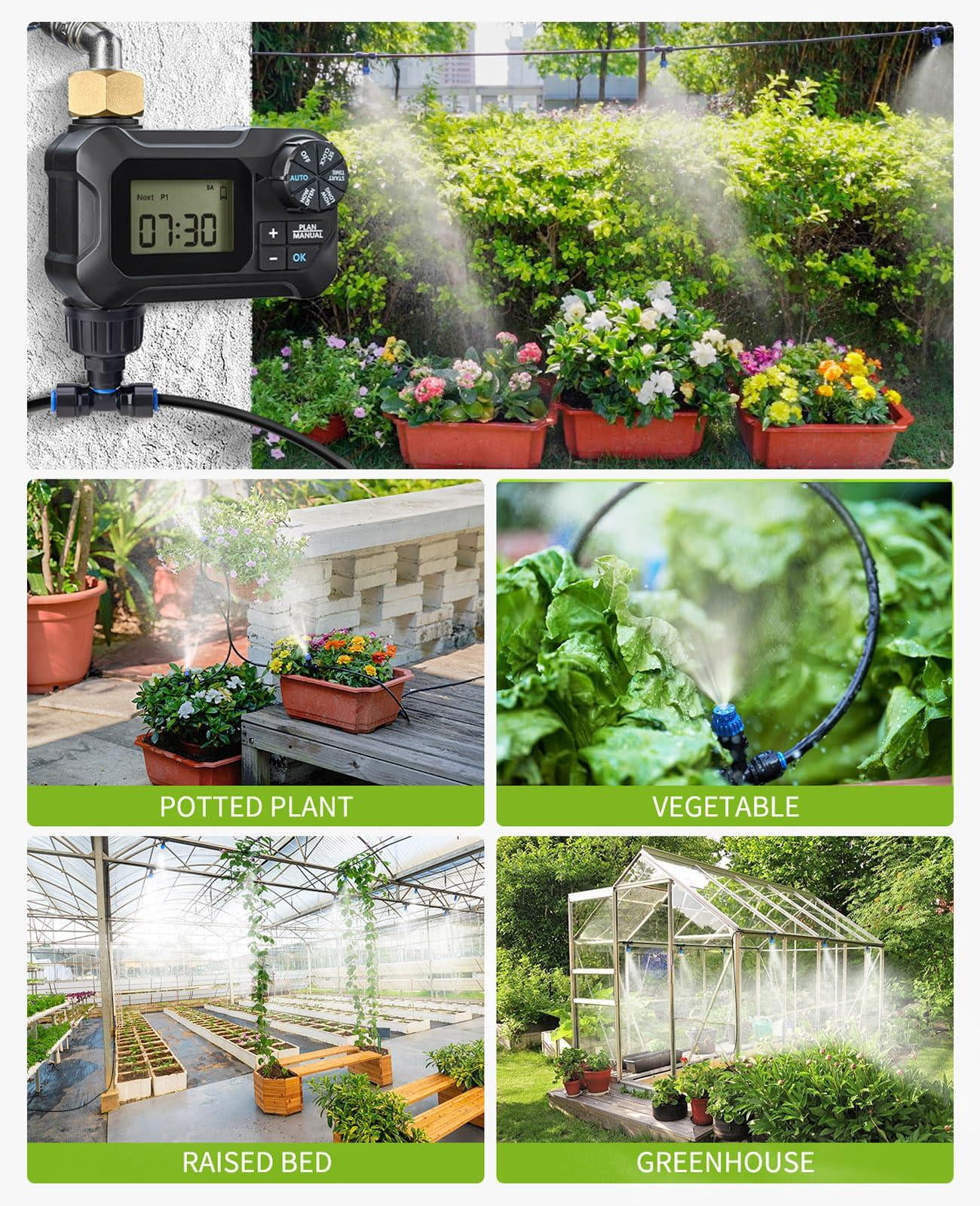 59ft Greenhouse Misting Drip Irrigation Kit With Water Timer  Quick Connector Design Garden Watering System Automatic Tubing Nozzles For Hanging Plants Raised Bed