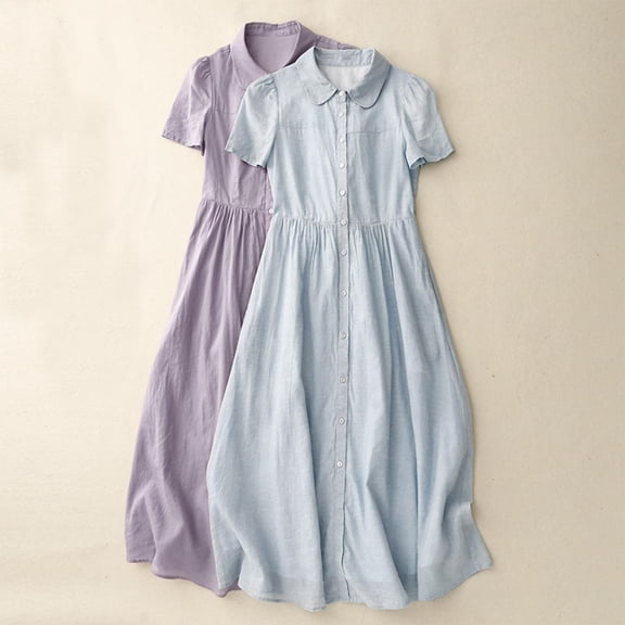 Fengqque Women's Solid Color Lapel Button Down Shirt Dress Summer Casual Short Sleeve Cotton Linen Waist-cinching Ruffle Shift Dresses Purple XL(XL)