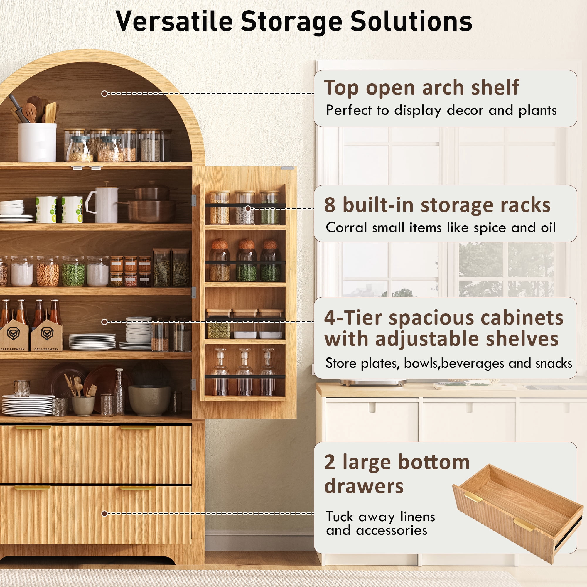 Aukfa Tall Arched Pantry Cabinet with Fluted Doors, Drawers & Adjustable Shelves for Kitchen Dining Room Storage,Natural