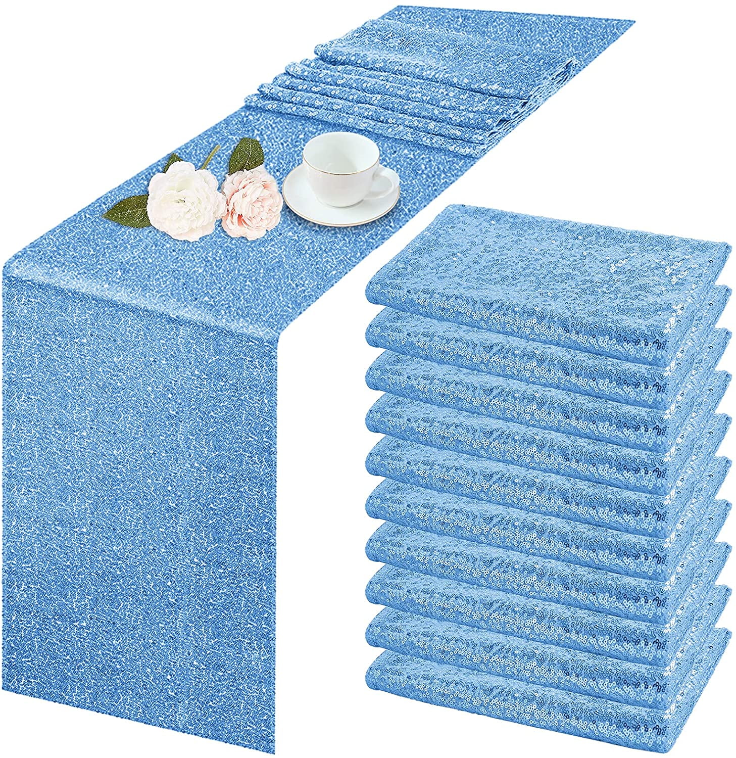 10 PCS Sequin Table Runner Baby Blue 12 X 108 Inch Glitter Baby Blue
