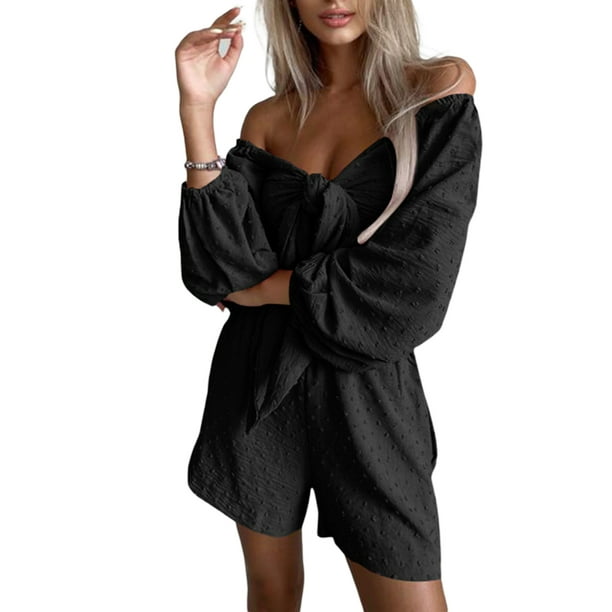 Sunloudy Traje casual para mujer, blusas cortas de manga larga con hombros descubiertos de color sólido + pantalones cortos sueltos con volantes Sunloudy moda