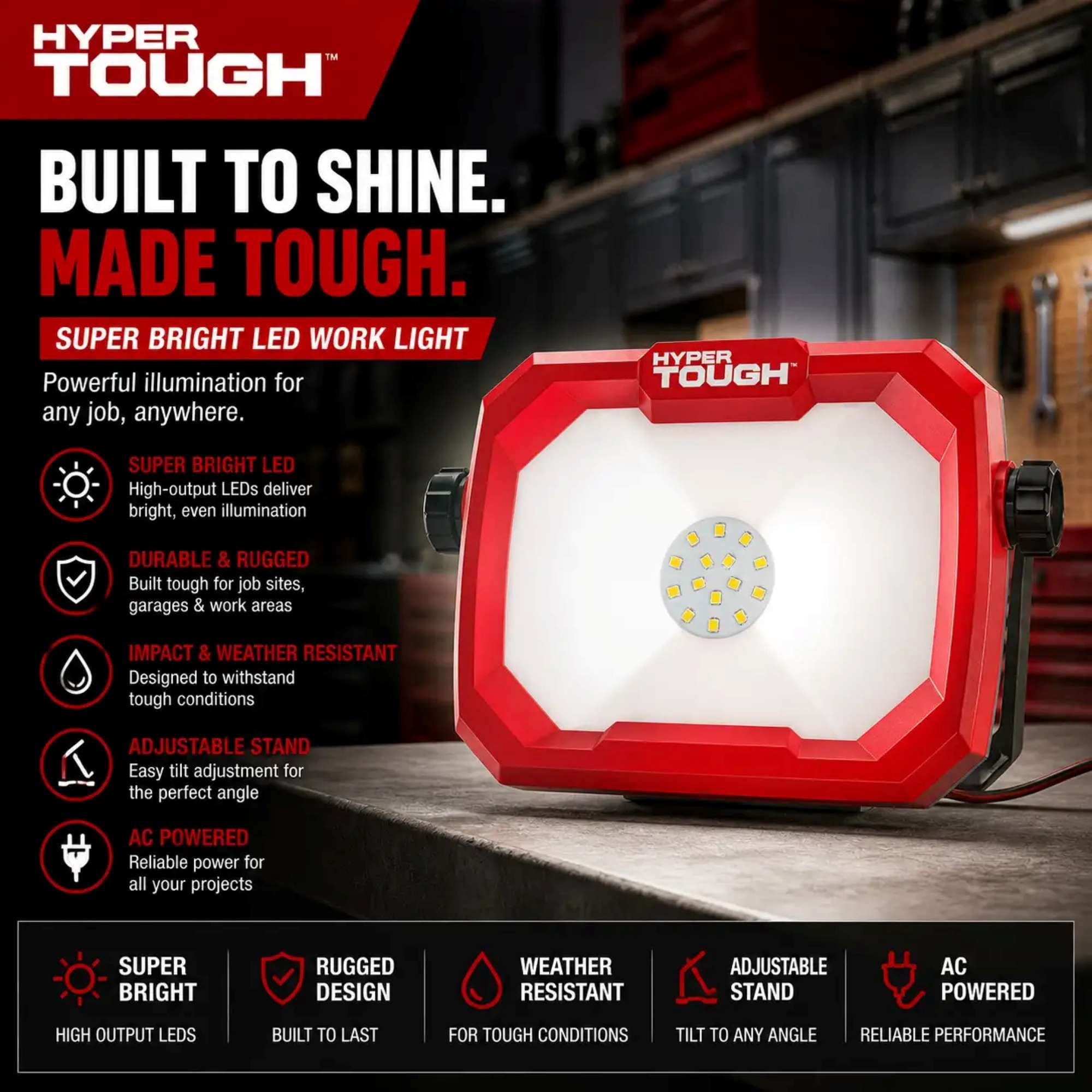 (2 pack) Hyper Tough 1000-Lumen Corded LED Work Light, 360° Rotating Head, Fold-Flat Portable Design, 5-ft Power Cord, Integrated LED, Adjustable Stand, Red/Black