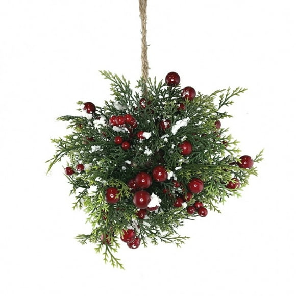 Red Berries, Cedar Branches And Snow Kissing Ball Decoration