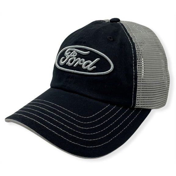 Ford Men's Official Licensed Embroidered Logo Vintage Wash Mesh Trucker Hat Cap (Black/Grey)